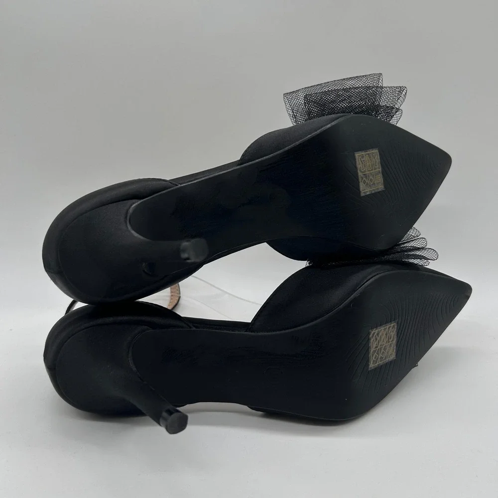 NEW‎ Allegra K Heels Womens 9 Black Pointed Toe Ankle Strap Pumps Bow Stiletto